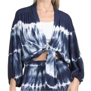 NWT Young Fabulous & Broke Navy Blue Tie Dye Top Small Blouse White Tie Front Sm